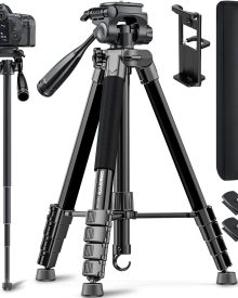 73" Camera Tripod and Monopod, Professional Aluminum Tripod Stand for Mirrorless Camera/DSLR/Cell Phone/Camcorder/GoPro, with Phone Holder and Travel Bag (Black)
